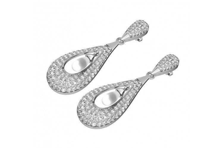 Attractive Slender Pearl & Diamond Earrings